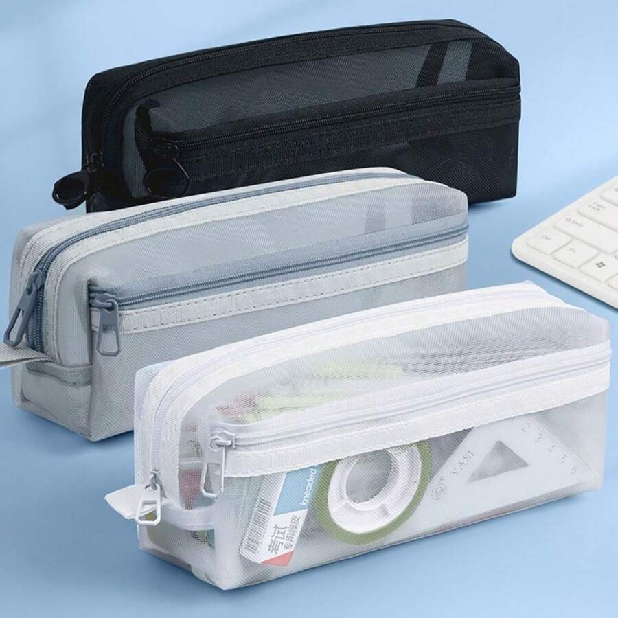 1 Pc Large Grid Mesh Pencil Case Compartment Pen Bag Clear Handheld Multifunction Pencil Pouch Stationery Transparent Makeup Bag - Multicolor - View 1