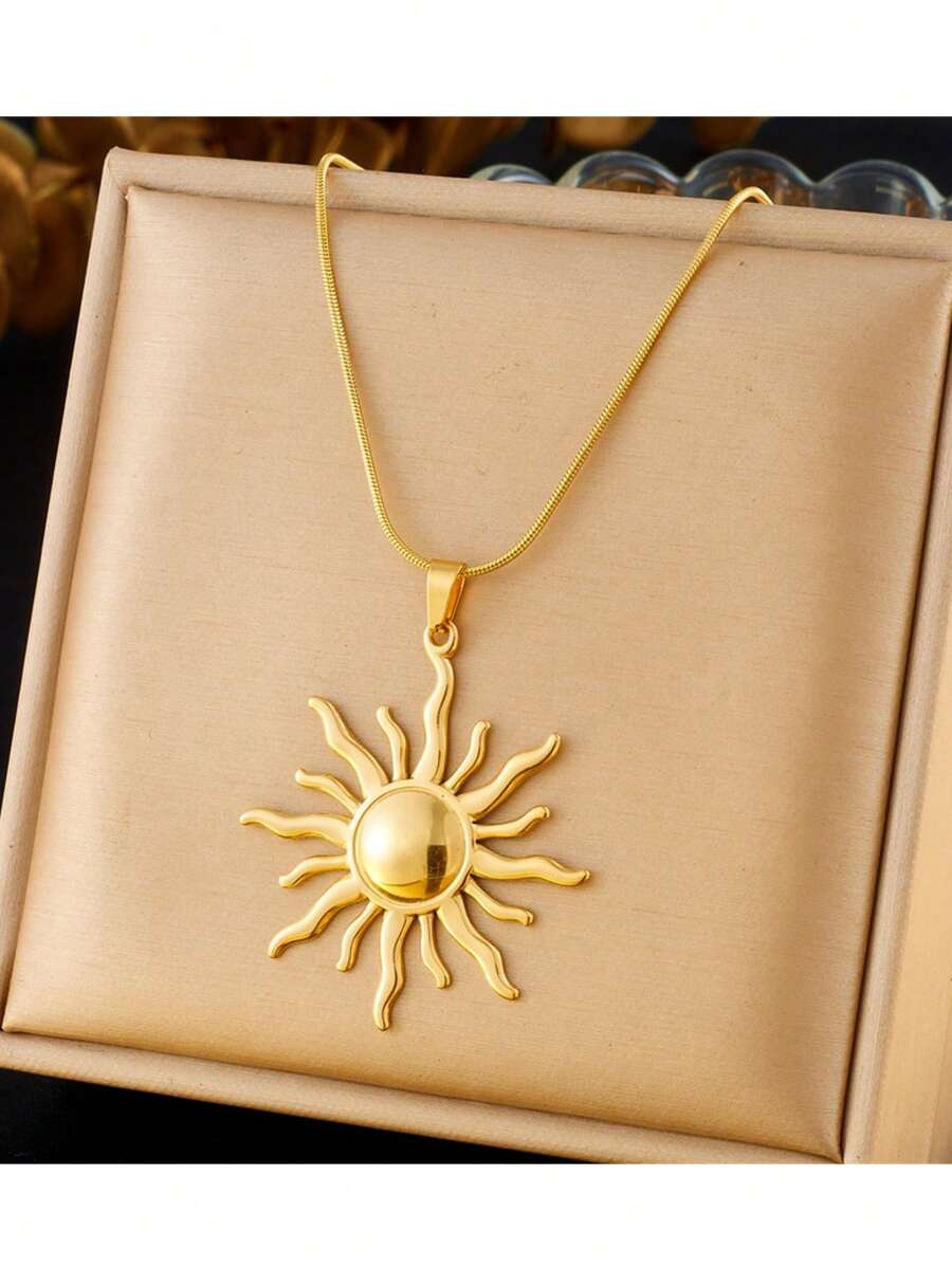 1 件女士 18K 镀金不锈钢太阳形吊坠项链 - 金色 - 查看 1