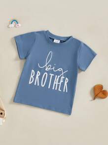 Camisetas de manga corta con estampado de letras para niños y niñas, camisetas casuales de verano a la moda para niños, conjuntos a juego para hermano y hermana - Azul - Ver 1