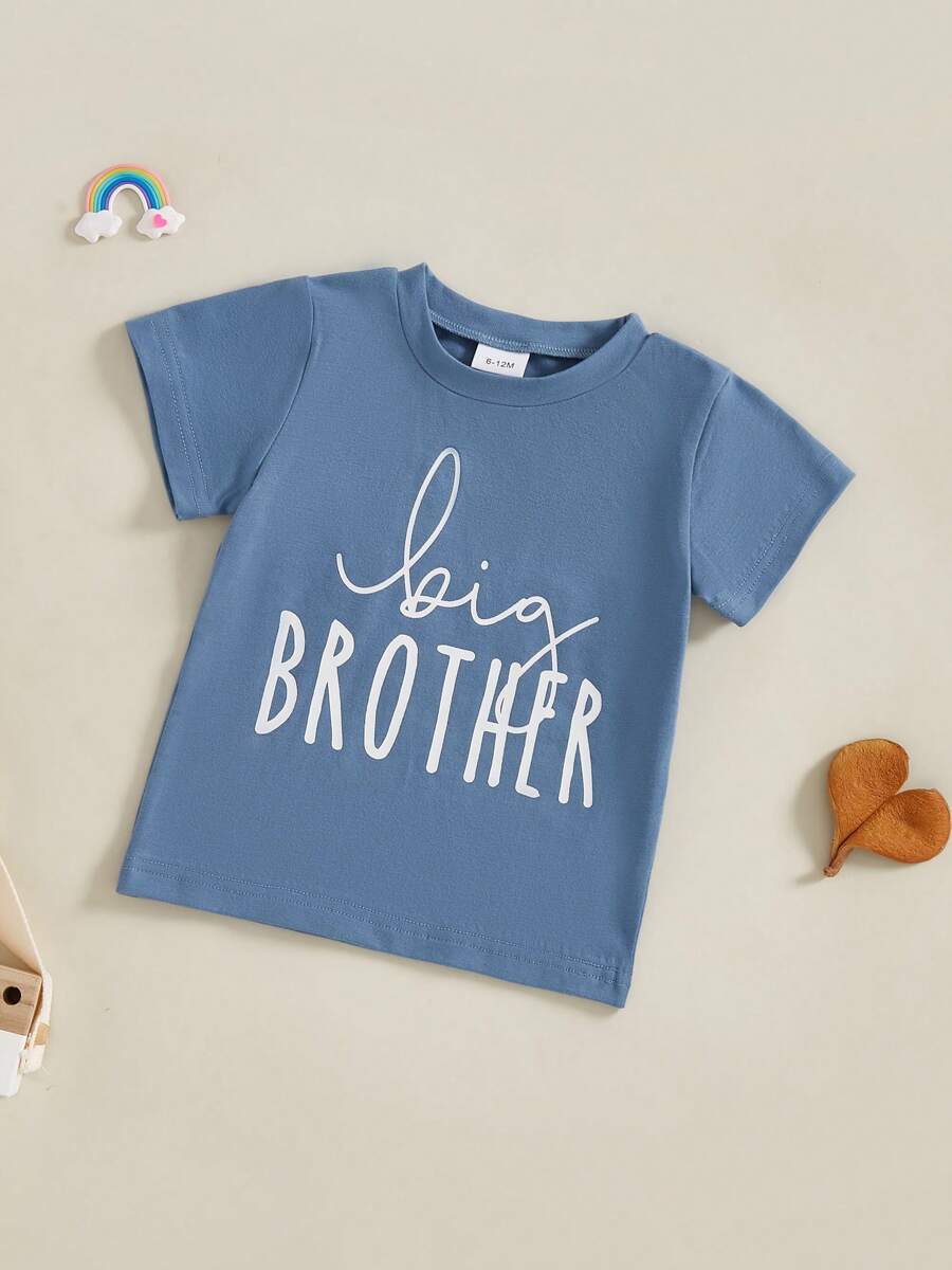 Camisetas de manga corta con estampado de letras para niños y niñas, camisetas casuales de verano a la moda para niños, conjuntos a juego para hermano y hermana - Azul - Ver 1