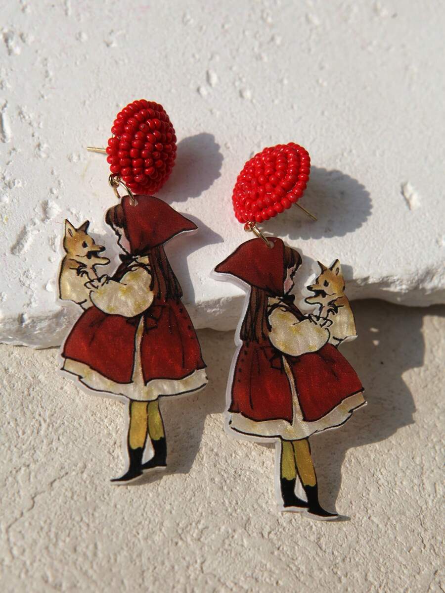 Pink Snail Cute Handmade Seed Bead Stud Earrings, Funny Statement Cartoon Girl Holding Dog Themed Acrylic Resin Drop Earrings, Fashion Jewelry Earrings For Women Girls, Holiday/Party/Gift - Red Riding Hood Girl Holding Puppy - View 1