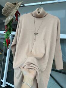 WOMEN'S HIGH NECK MODAL KNITTING PONCHO - 杏色 - 查看 3