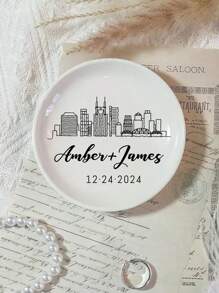 1/2/5Pcs Personalized Name Date Ceramic Ring Plates, Custom Jewelry Boxes, Customized Bride Engagement Gifts, Customizable First Marriage Ring Plates, Bride And Groom Gifts, Bride Proposal Gifts, Bride Showers, Anniversary Gifts, Personalized Ring Plates