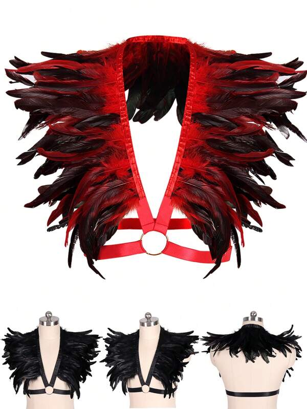 Feathered Shoulders Draped Over Wings Shawl Scarf Artificial Feather Tops Cape Shrug Wrap For Women Men Punk Gothic Rave Dance Festival Collar With Cuffs Festival Feather Shoulder Badge Dress Up Accessories