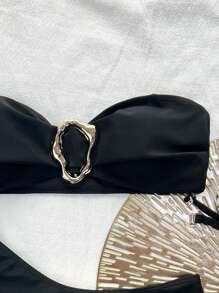 Sexy Solid Color Bandeau Bikini Summer - Black - View 4