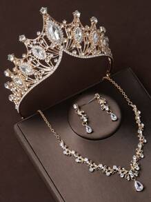 4 pièces Ensemble de bijoux de mariée avec couronne en strass, incluant une couronne, un collier et des boucles d'oreilles, convient pour le mariage, les accessoires de robe de mariée, la fête de mariage