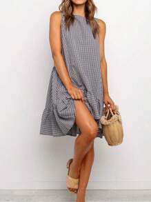 Plaid Casual Summer Vacation Elegant Full Body Casual Bohemian Elegant Woven Fabric Ruffle Hem Beach Party Evening Date Sports Office Home Garden