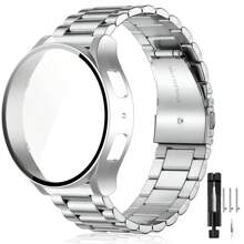 Stainless Steel Watch Band And Protective Case For Samsung Galaxy Watch 7 FE 6 5 4 (44mm/40mm) Replacement Stainless Steel Watch Strap Scratch-Resistant Protective Tempered Glass Case Combo, Ideal Gift For Couples