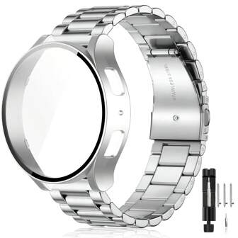 Stainless Steel Watch Band And Protective Case For Samsung Galaxy Watch 7 FE 6 5 4 (44mm/40mm) Replacement Stainless Steel Watch Strap Scratch-Resistant Protective Tempered Glass Case Combo, Ideal Gift For Couples