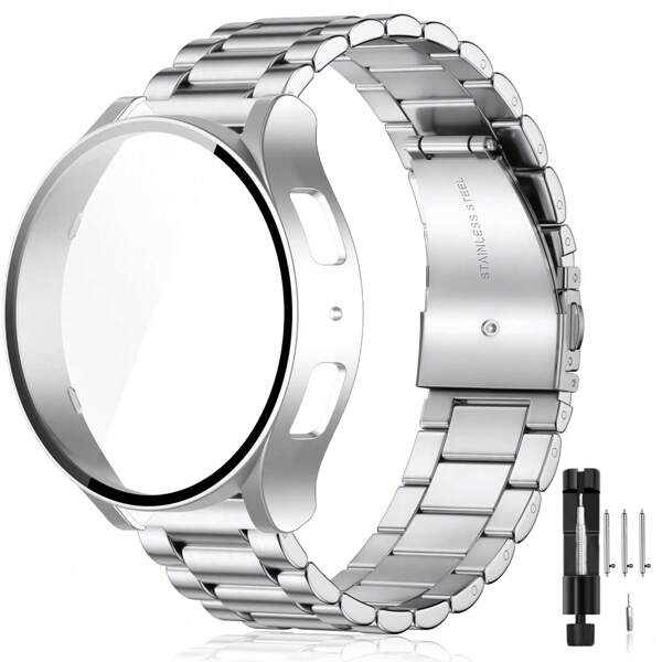 Bracelet en acier inoxydable et étui de protection compatible avec Samsung Galaxy Watch 7 FE 6 5 4 (44mm/40mm) Remplacement du bracelet de montre en acier inoxydable. Étui de protection en verre trempé résistant aux rayures. Idéal comme cadeau pour les couples