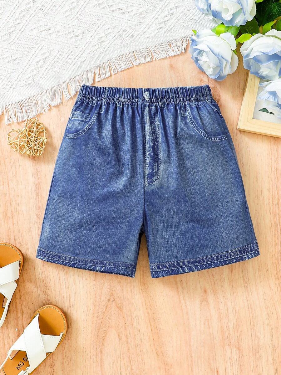 Girls' Digital Positioned Print Knit Shorts, Summer - Blue - View 1