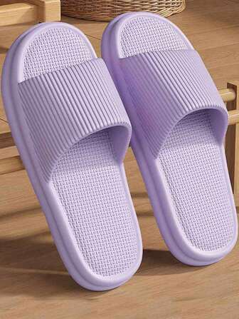INS 时尚日式柔软舒适条纹紫色厚底防滑防臭 EVA 女士家居浴室拖鞋