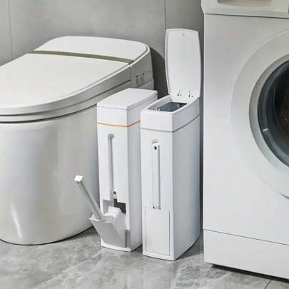 Slim Trash Can With Brush, Large Capacity Narrow Space Garbage Can, Lid Bathroom Waste Basket, Creative Home Cleaning Supplies, Plastic, Sealed Odor-Proof, No Electricity Required Bathroom Organizer Bathroom Decor Fall Decor Back To School