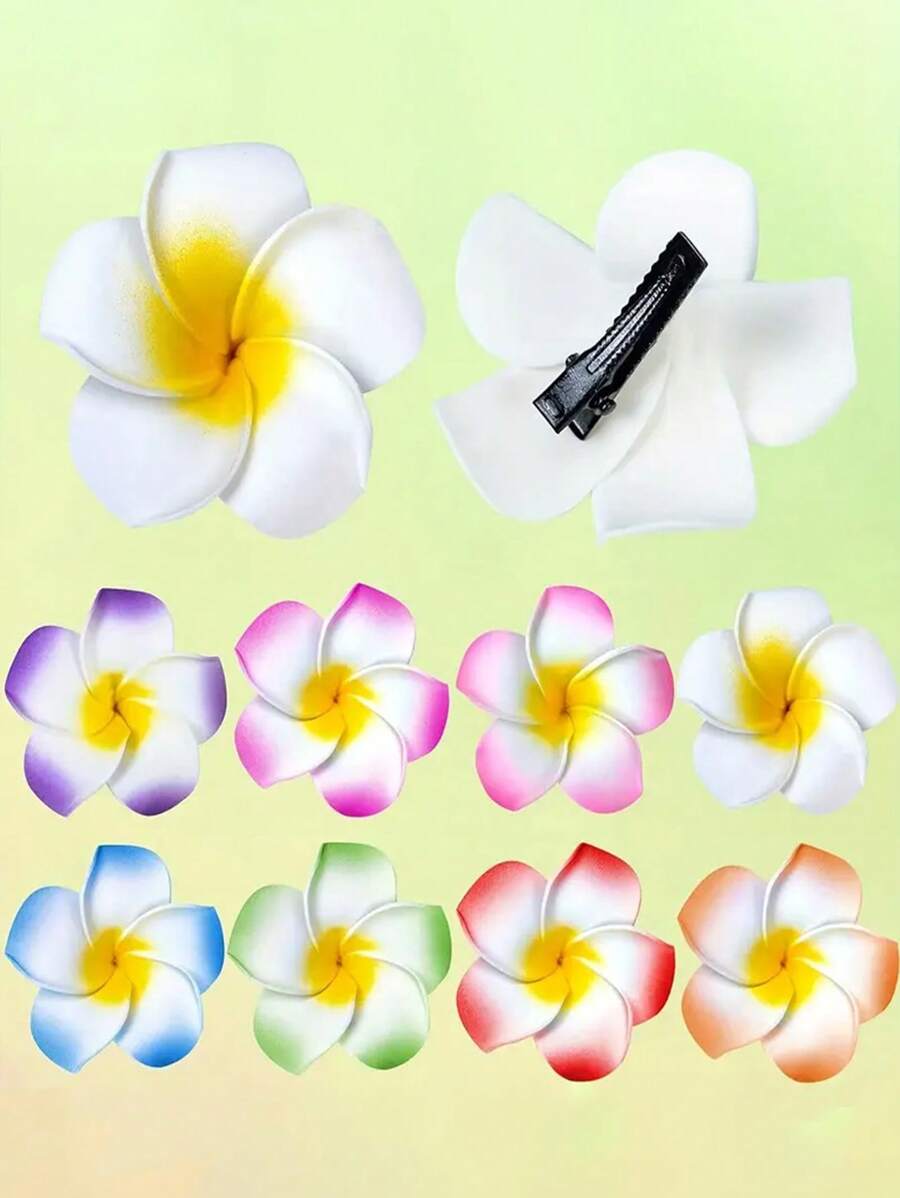 12pcs/8pcs-Hawaiian Style Artificial Yellow Flower Heart Wood Hair Clip, Colorful, Suitable For Tropical Party Decoration, Bridal Wedding, Beach Resort And Pool Floating Flower Decoration, Hawaiian Party Decoration - Multicolor - View 1