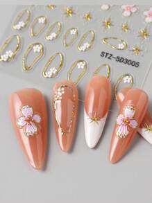 2pcs White Pink Hibiscus Flower Wedding Nails 5D Embossed Nail Art Stickers, French Tips Nails Charm Golden Line & Star Beads Soft Carving Self Adhesive Blooming Floral Design Nail Art Decals For Nail Art Decoration, Nail Supplies
