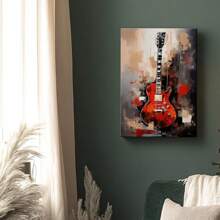 1pc Music Wall Art Framed Wall Art, Wrapped Canvas Poster Vintage Prints, Abstract Painting Red Guitar, Perfect Gift Decor, Wall Art For Living Room Bedroom Office, Hanging Hardware Included - Framed, Vertical