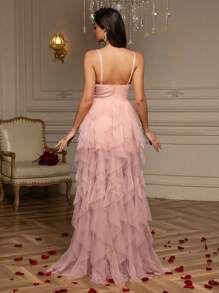 Summer Sexy Mesh Overlay Hem Split Thigh Formal Dress, Elegant Prom Evening Wedding Guest Gown, For Graduation, Dinner, Party Dress - Pink - View 3