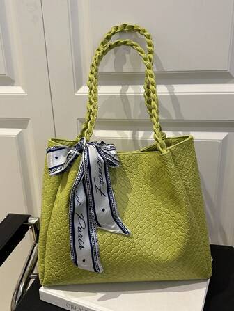 1pc Women's Casual Commute Tote Bag, Large Capacity, 2025 New Solid Color Minimalist Design, Versatile Shoulder Bag, Unique Embossed Pattern, Comfortable Strap, Suitable For University, Shopping, Outing, With Ribbon