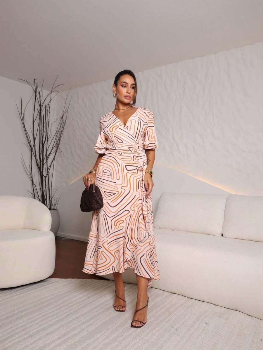 Printed Wrap Dress With Tie - 米色 - 查看 1