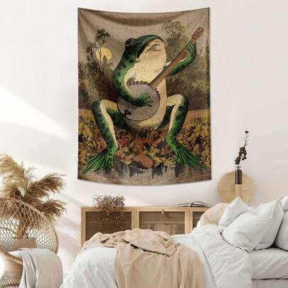 1 pieza Tapiz con estilo bohemio de una rana tocando el banjo, tapiz de pared vintage, de poliéster, decoración para sala de estar, dormitorio, oficina, cocina, fiesta, decoración rectangular de pared colgante con efecto de caída, incluye 3 clavos de pared y 2 pinzas