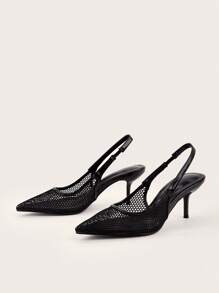 Fall/Winter Black Mesh Pointed Toe Strap Stiletto Heels, For Parties And Banquets, Summer, Elegant, Party - Black - View 3