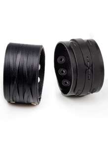 Black Punk Rock Style Layered Bracelet Wide PU Leather Wristband Bracelet - Adjustable, Edgy Fashion Punk Bracelet For Men Couples And Party - Black - View 2