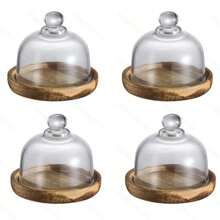 1 pieza/4 piezas Bandeja de servir mini de postre con cúpula de vidrio, expositor de pastel de madera