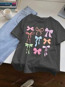 Cute Bow Print Casual Women Short Sleeve Round Neck T-Shirt, Spring/Summer