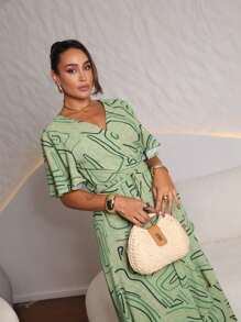 Printed Wrap Dress With Tie - Mint Green - View 3