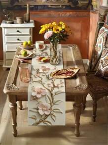 1 pieza, Camino de mesa con estampado floral, decoración estacional para la mesa de la cocina y el comedor en primavera y verano, adecuado para fiestas en interiores y exteriores del hogar