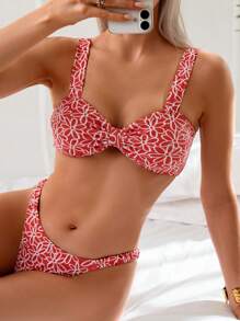 Women's Red Printed Sexy Bikini Set - Multicolor - View 3