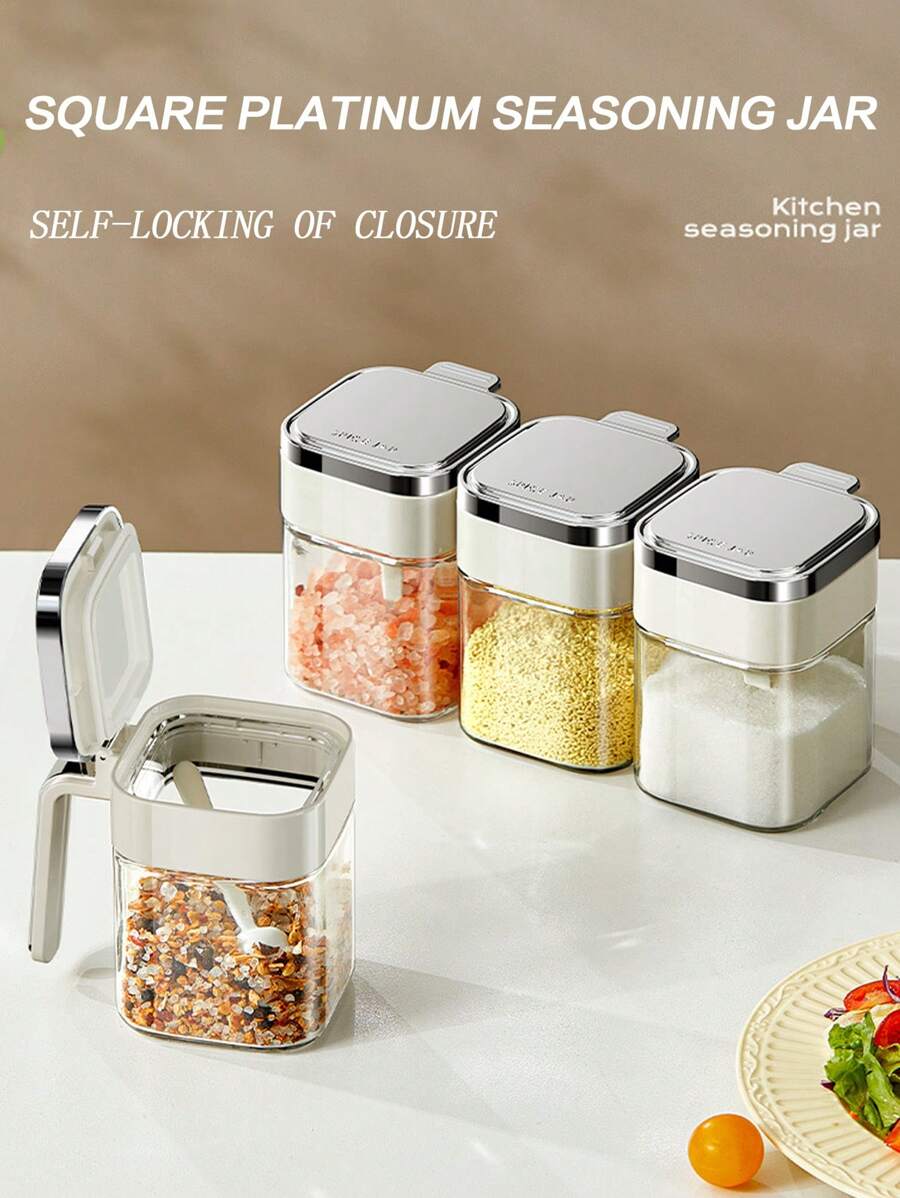 1 件调味罐，厨房香料瓶，调味容器，创意调味瓶，盐和胡椒瓶，带盖调味储存，带勺子的食物储存盒，厨房用品，厨房装饰