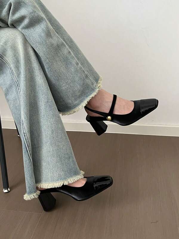 2025 Spring New French Vintage Black Mary Jane Pumps, Retro Square Toe Chunky Heel Slingback Shoes, Elegant