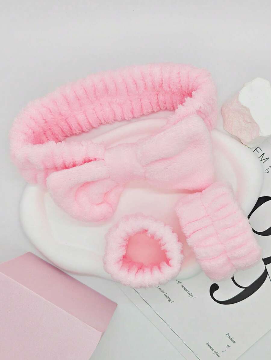 3 件套化妆头带，水疗头带和腕带套装，泡泡护肤头带，带腕带和发圈套装，适用于护肤卸妆沐浴粉色