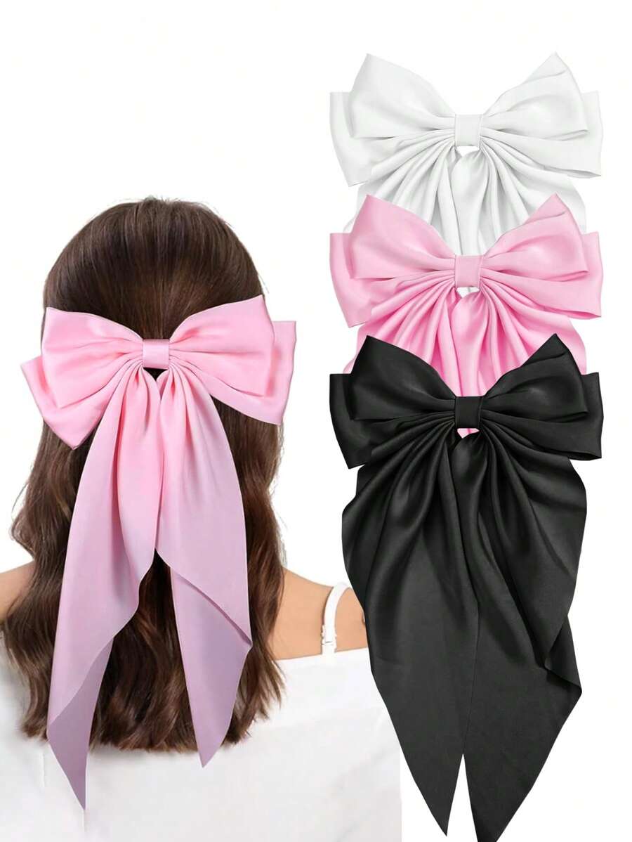 3 Piezas de Pinzas para el Cabello con Lazos para Mujeres, Lazo Negro, Lazo Blanco, Lazos Rosas, Pinzas para el Cabello con Lazos de Cinta de Satén con Cola Larga, Accesorios para el Cabello para Fiestas, Escuela