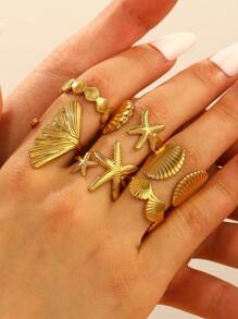 Juego de 6 anillos con diseño de acero inoxidable de la serie oceánica con estrellas de mar, coral y conchas, un diseño versátil y creativo para que las mujeres los usen a diario, adecuado para el verano - Amarillo Oro - Ver 7
