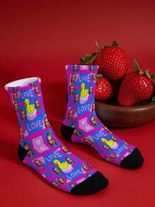 Customized Yellow Duck & Heart Icon Sports Socks, Breathable Comfortable Casual Socks, Minimalist Fashion Sports Socks, Suitable For Outdoor Fitness, Basketball, Running