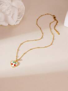 1pc 18K Stainless Steel Oil-Drop Strawberry & Cherry Zirconia Necklace, Elegant Jewelry Accessory For Women, Suitable For Daily Wear And Gatherings
