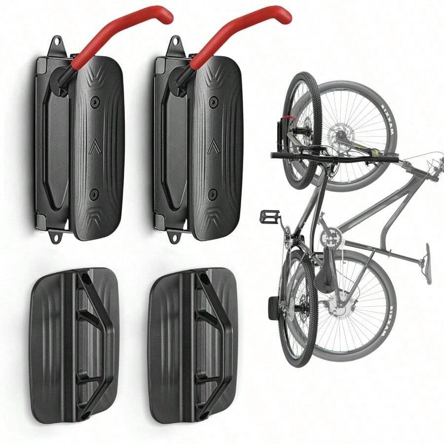 Swivel Bike Wall Mount – Space-Saving Vertical Bike Rack, Heavy-Duty Garage Bike Hanger, Sturdy Storage Hook Holds Up To 66lbs, Easy To Install, Red, 4 Pack - 2 件裝 - 查看 1