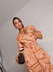 Printed Wrap Dress With Tie - Coral Pink - View 3