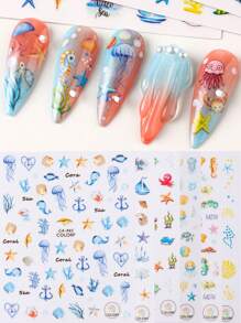 6PCS Blue Ocean Jellyfish Nail Art Decals 3D Seahorse Charms Sea Shell Nail Sticker Self-Adhesive Summer Foil Sliders For Manicure