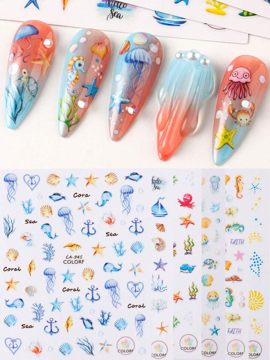 6PCS Blue Ocean Jellyfish Nail Art Decals 3D Seahorse Charms Sea Shell Nail Sticker Self-Adhesive Summer Foil Sliders For Manicure