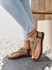 Latest Boho Style Roman Flat Sandals, Ladies' Brown Flat Toe Post Sandals - Black - View 5