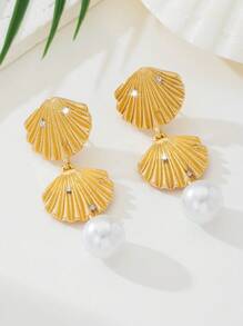 1 Pair Beach Holiday Style Shell Stud Earrings, Suitable For Travel & Vacation - Gold - View 4