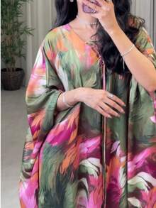 Bata de kaftan con estampado floral, vestido de noche para mujer para la fiesta de Año Nuevo - Verde - Ver 2