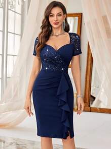 MIUSOL Đầm dự tiệc mùa hè thanh lịch với sequin và ren hoa phối màu tương phản, cổ áo hình trái tim, viền bèo nhún. - Màu xanh hải quân - Xem 5