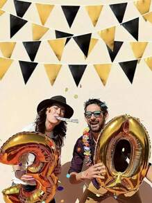 12 件/包黑色和金色派对装饰三角旗，适用于生日派对、婚礼装饰、节日庆典、单身派对、房间装饰 - 黑色 - 查看 2