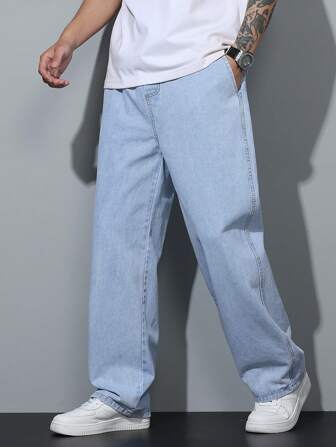 Bomulls raka solid tvättade jeansjeans, fashionabla och mångsidiga herrjeans, bomullsprodukt, present till par