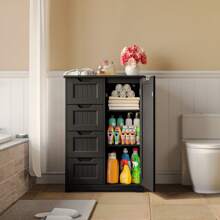 Bathroom Floor Freestanding Storage Cabinet, New Year Gift 3" Small Kitchen Pantry Storage Cabinet With Door And Shelves, Pantry Cabinet Storage Cupboard, Freestanding Wooden Dresser With 4 Drawers - 黑色 - 查看 2