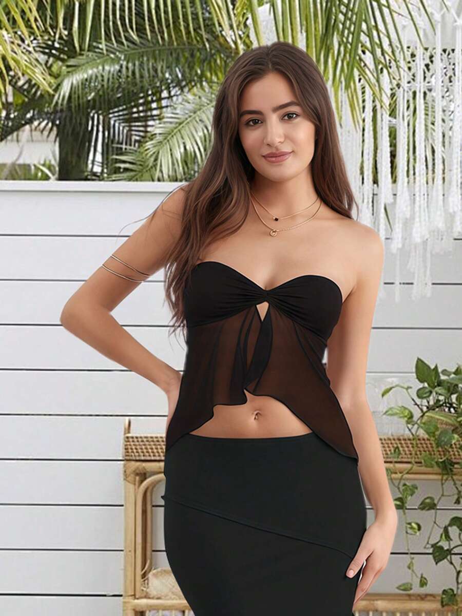 Women Tube Tops Solid Color/Floral Print Strapless Tops Summer Fashion Backless Bandeau Shirts Streetwear - 黑色 - 查看 1